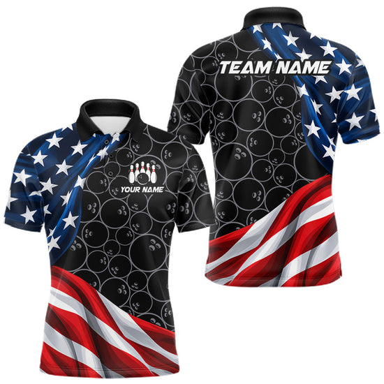 Maxcorners Personalized American Flag Black Bowling Team Shirts For Men Patriotic Bowling Gifts