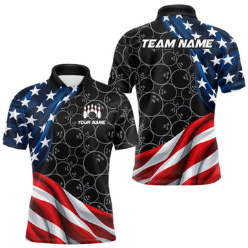 Maxcorners Personalized American Flag Black Bowling Team Shirts For Men Patriotic Bowling Gifts
