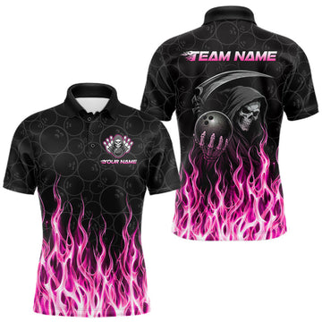 Maxcorners Custom Pink Fire Flame Grim Reaper Skull Bowling Men Polo & 1/4 Quarter Zip Shirt, Halloween Outfit LM0410