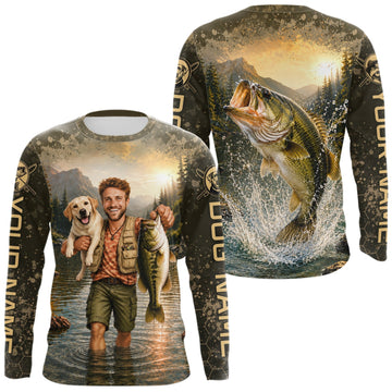 Maxcorners Custom Photo Bass And Dog Fishing Shirts Long Sleeve For Men, Sun Protection Shirts LM1705