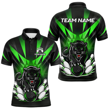 Maxcorners Custom Black And Green Leopard Bowling Jerseys, Leopard Bowling Team Men Polo & 1/4 Quarter-Zip Shirts