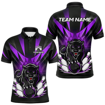 Maxcorners Custom Black And Purple Leopard Bowling Jerseys, Leopard Bowling Team Men Polo & 1/4 Quarter-Zip Shirts