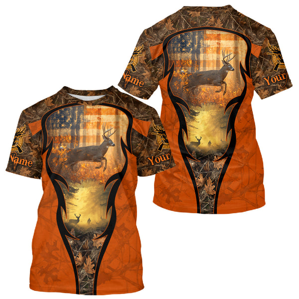 Maxcorners Deer Hunting Autumn Blaze Camo with American Flag Shirts for Men, Best Gift Ideas for Hunte LM2608
