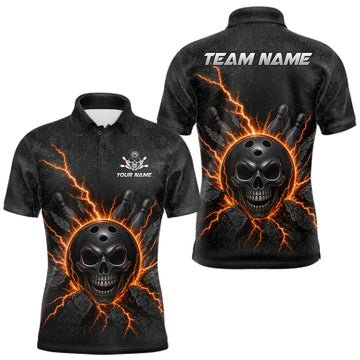 Maxcorners Custom Orange Thunder Lightning Skull Bowling Shirt For Men Bowling League Jersey Bowling Gifts