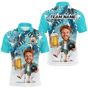 Maxcorners Turquoise Tropical Beer Bowling Shirts For Men Custom Photo Face Funny Bowling Team Jersey