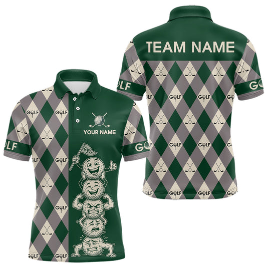 Maxcorners Funny Golf Ball Mens Golf Polo Shirts Custom Green Argyle Pattern Golf Attire For Men, Golfer Gifts LM1904