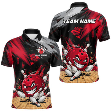 Maxcorners Custom Funny Bowling Ball Bowling Men Polo & 1/4 Quarter Zip Shirt, Red Bowling Team Shirt LM2607
