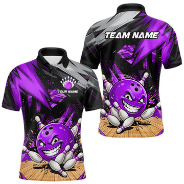 Maxcorners Custom Funny Bowling Ball Bowling Men Polo & 1/4 Quarter Zip Shirt, Purple Bowling Team Shirt LM2607