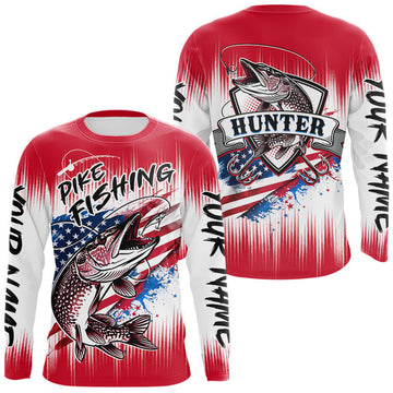 Maxcorners Personalized American Flag Northern Pike Fishing Shirts Long Sleeve, Patriotic Pike Fishing Jerseys | Red LM2704