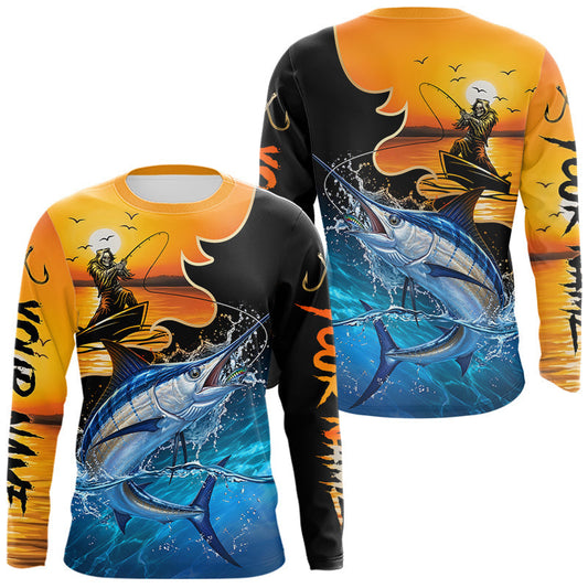 Maxcorners Personalized Fish Reaper Sunset Design Blue Marlin Fishing Shirts Long Sleeve LM0106