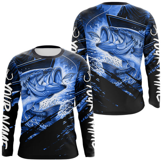 Maxcorners Personalized Largemouth Bass Fishing Shirts Long Sleeve, Bass Tournament Fishing Jerseys | Blue LM2405