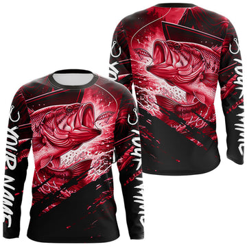 Maxcorners Personalized Largemouth Bass Fishing Shirts Long Sleeve, Bass Tournament Fishing Jerseys | Red LM2405