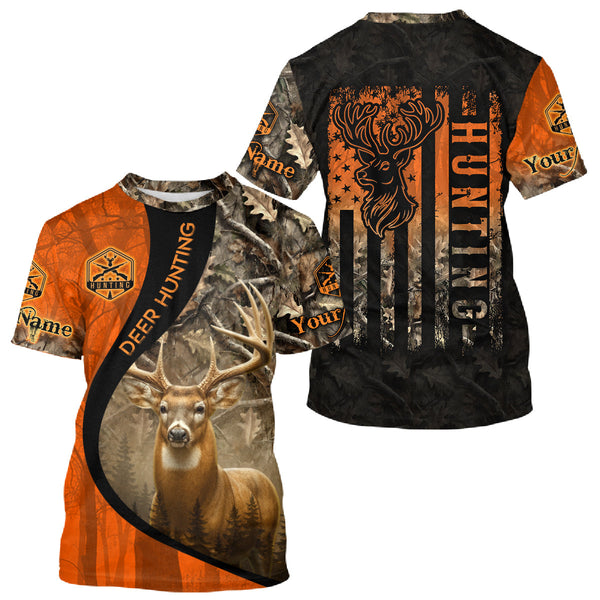 Maxcorners Orange Deer Camouflage US Flag Personalized Hunting Shirts, Hunting Outfit LM2608