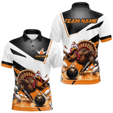 Maxcorners Black White And Orange Custom Turkey Bowling Shirts For Men, Thanksgiving Bowling Team Jerseys LM0409