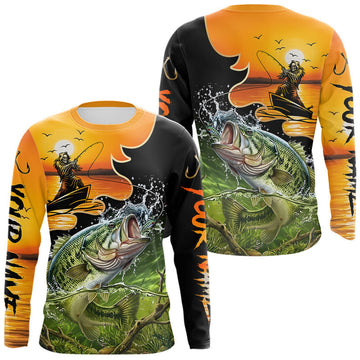 Maxcorners Personalized Fish Reaper Sunset Design Largemouth Bass Fishing Shirts Long Sleeve LM2704