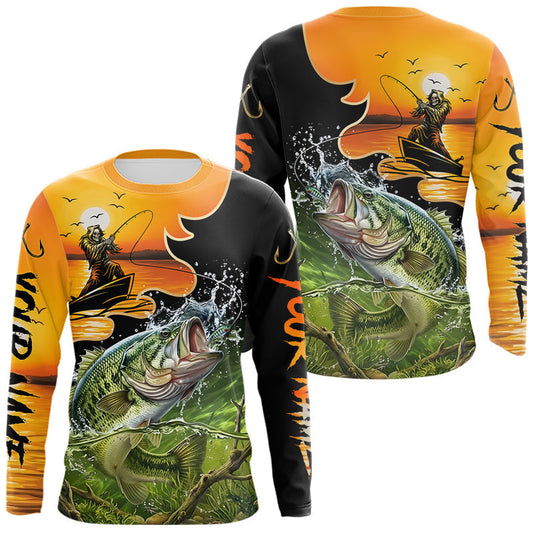 Maxcorners Personalized Fish Reaper Sunset Design Largemouth Bass Fishing Shirts Long Sleeve LM2704