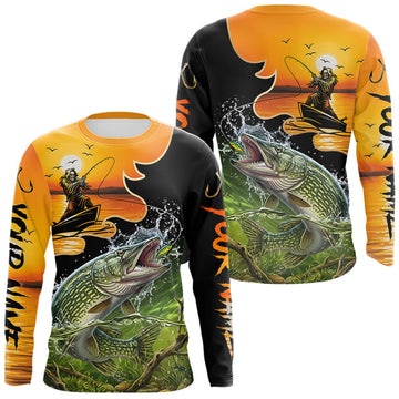 Maxcorners Personalized Fish Reaper Sunset Design Northern Pike Fishing Shirts Long Sleeve LM2704