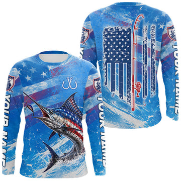 Maxcorners American Flag Marlin Fishing Personalized Patriotic UV Protection Fishing Shirts LM0106