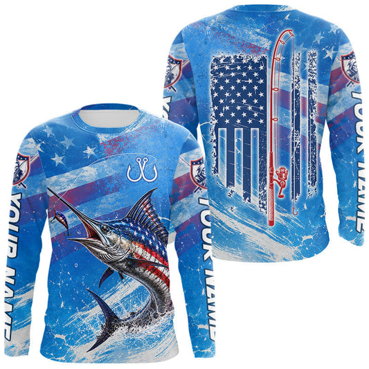 Maxcorners American Flag Marlin Fishing Personalized Patriotic UV Protection Fishing Shirts LM0106