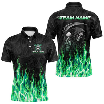 Maxcorners Custom Green Flame Reaper Golf Ball Pattern Mens Golf Polo Shirts Black Golf Team Shirts, Golf Outfit LM2806