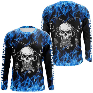 Maxcorners Fish Reaper Fishing Skull Fire Flame Long Sleeve Tournament Fishing Shirts, Skull Fishing Jerseys LM1005