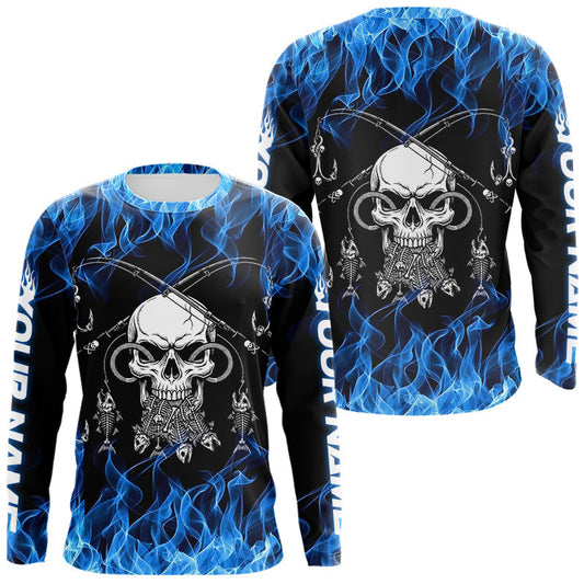 Maxcorners Fish Reaper Fishing Skull Fire Flame Long Sleeve Tournament Fishing Shirts, Skull Fishing Jerseys LM1005
