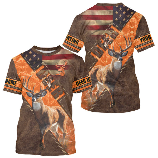 Maxcorners Whitetail Deer Hunting Leather Pattern Custom Name Shirt 3D All Over Printed Clothes, Hunting Gifts LM0409