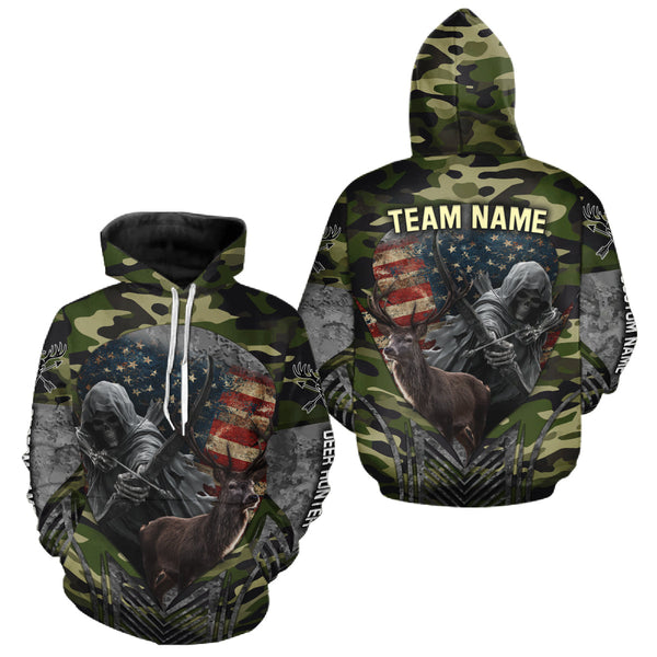 Maxcorners Grim Reaper US Flag Deer Hunting Hoodie, Longsleeve Shirt, Gifts for Hunters LM0409