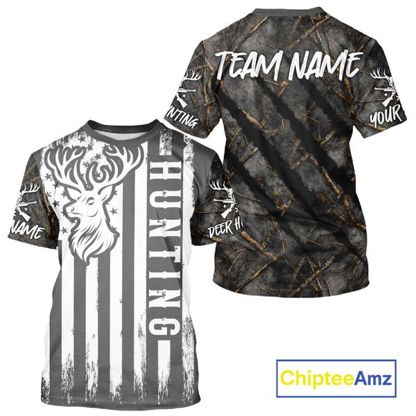 Maxcorners Personalized Dark Camo Deer Hunting Shirt with US Flag & Deer Buck, Hunter Gifts LM2608