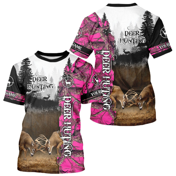 Maxcorners Deer Hunting Pink Camo Custom Name 3D All Over Print Shirts, Hunting Gifts LM2608