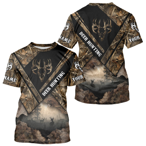 Maxcorners Deer Hunting Shirt Custom Name 3D All Over Print with Deer Skull & Brown Camo For Deer Hunters LM2608