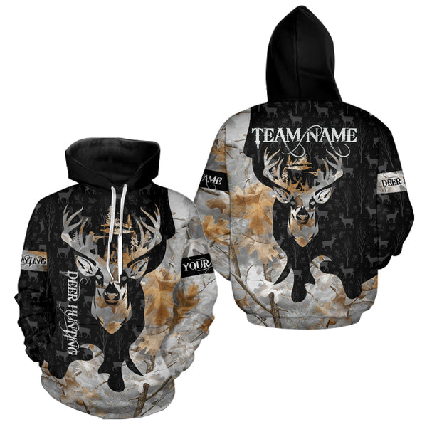 Maxcorners Snowfall Deer Hunting Hoodie, Longsleeves Shirt – Winter Camo Custom Name for Big Game Hunters LM2608