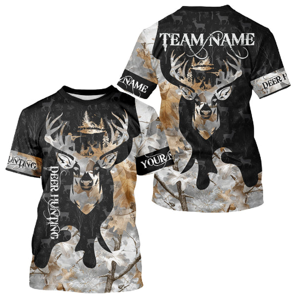 Maxcorners Snowfall Deer Hunting Hoodie, Longsleeves Shirt – Winter Camo Custom Name for Big Game Hunters LM2608