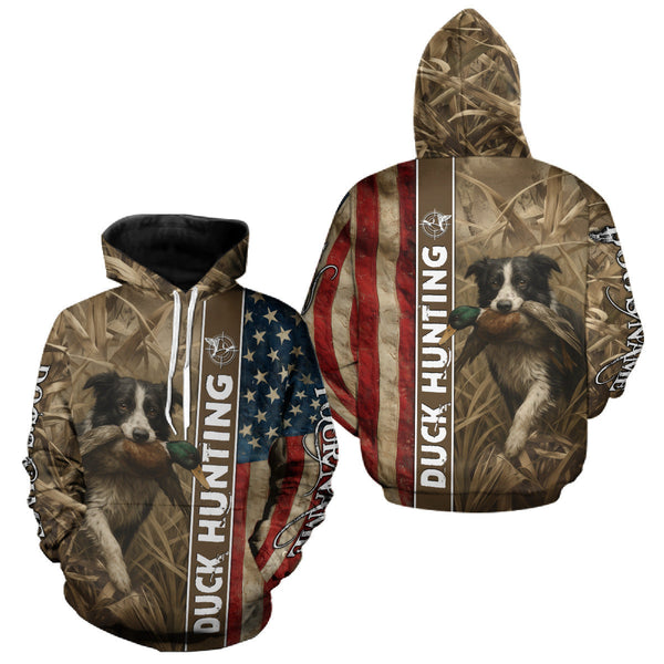 Maxcorners Border Collies Duck Hunting Waterfowl Camo US Flag Shirts, Custom Name Shirts, Hunting Gifts LM0409