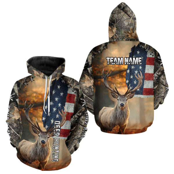 Maxcorners American Flag Camouflage Red Deer Hunting Shirts – Custom Name Hunting Clothes for Men LM2608