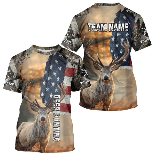 Maxcorners American Flag Camouflage Red Deer Hunting Shirts – Custom Name Hunting Clothes for Men LM2608