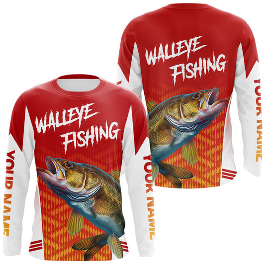 Maxcorners Walleye Fishing Shirts Long Sleeve Custom Fishing Tournament Jersey Red Camo For Men, Walleye Fishing Apparel LM1501