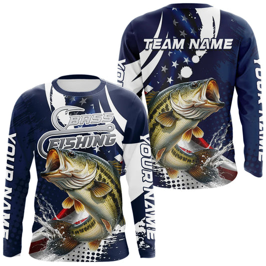 Maxcorners Bass Fishing American Flag Custom Long Sleeve Tournament Fishing Shirts, Patriotic Bass Fishing Jerseys LM1005