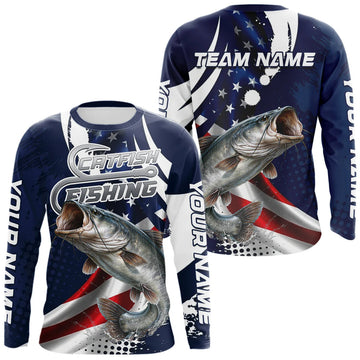 Maxcorners Catfish Fishing American Flag Custom Long Sleeve Tournament Fishing Shirts, Patriotic Fishing Jerseys LM1005