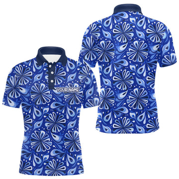 Maxcorners Mens Golf Polo Shirts Custom Name Blue Geometric Floral Pattern, Team Golf Shirt