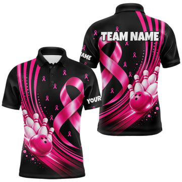 Maxcorners Breast Cancer Awareness Bowling Shirts Custom Men Polo 1/4 Zip Pink Ribbon Bowling Team Jersey