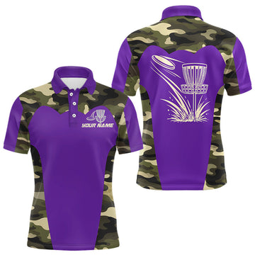 Maxcorners Mens Disc Golf Polo Shirt Custom Name Camo Disc Golf Basket, Personalized Disc Golf Shirts | Purple LM1904