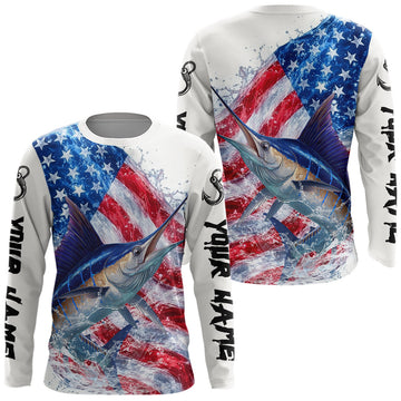 Maxcorners American Flag Patriotic Marlin Fishing Custom Long Sleeve Shirts, 4th of July Fishing Tournament Shirts LM1903