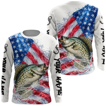 Maxcorners American Flag Patriotic Crappie Fishing Custom Long Sleeve Shirts, 4th of July Fishing Tournament Shirts LM1903