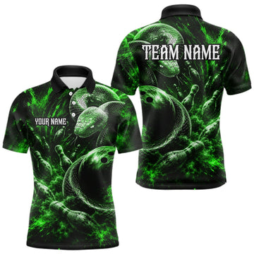 Maxcorners Custom Black And Green Flame Snake Bowling Men Polo Shirts, Bowling League Team Shirt LM0409