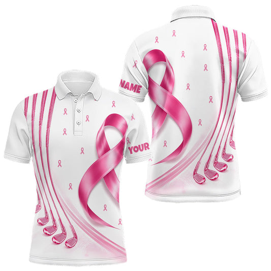 Maxcorners Breast Cancer Awareness Golf Shirts Custom Mens Golf Polo Shirt, Pink Ribbon Golf Shirts