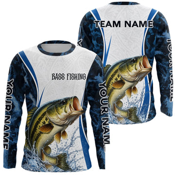 Maxcorners Largemouth Bass Fishing Blue Camo Long Sleeve Performance Fishing Shirt Custom Team Bass Fishing Jerseys LM0410