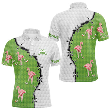 Maxcorners Funny Mens Golf Polo Shirt Green Argyle Flamingo Pattern Custom Name White Golf Shirt