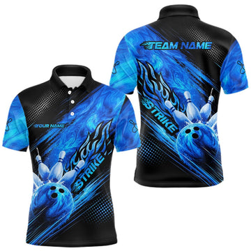 Maxcorners Blue Neon Strike Bowling Polo & 1/4 Quarter Zip Shirts For Men, Custom Bowling Team Shirts LM1508