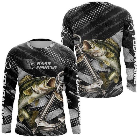 Maxcorners Personalized Bass Fishing Long Sleeve Anchor Vector Custom Name Black Camo, Bass Fishing Shirts LM1203